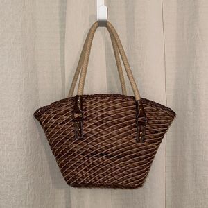 Tan Brown Floral Cotton Interior Straw Tote